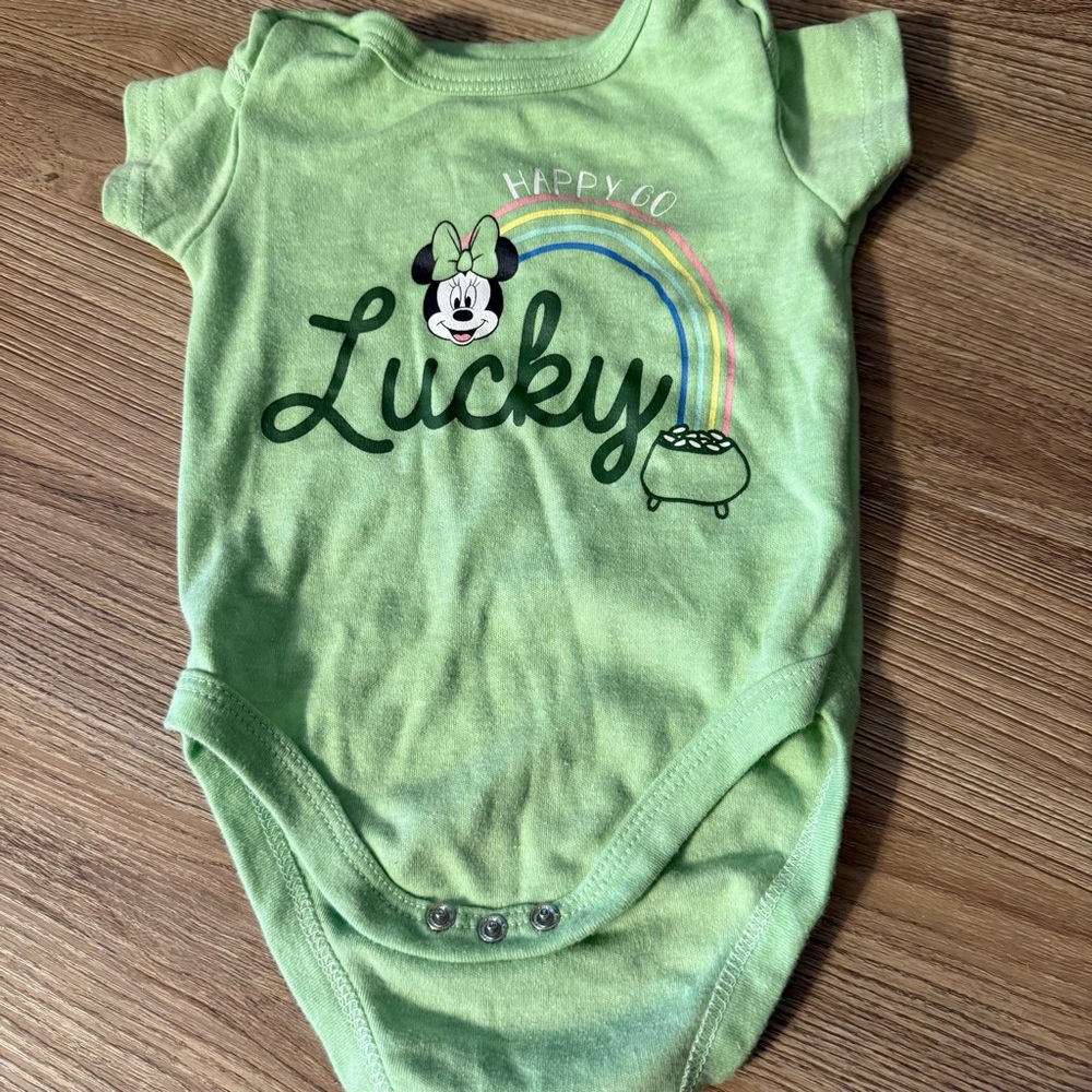 Disney Baby Minnie Lucky Onesie 12M St Patrick’s Day Rainbow